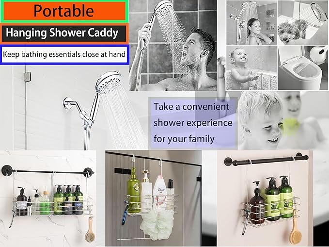 2pcs Single-Layer Hanging Shower Caddy, Rustproof Shelves Rack with Rotatable Hook bar, Large Capacity Bathroom Organizers and Storage, No Drilling Shampoo Bracket - Bloomnest