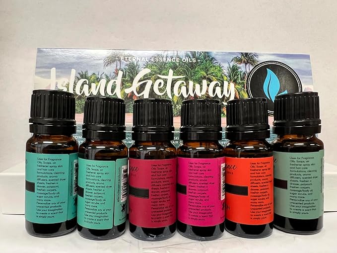 Eternal Essence Oils Island Getaway Set of 6 Premium Fragrance Oils - Includes Barrier Reef, Mountain Meets The Ocean, Beautiful Day, Caribbean Escape, Mermaid, and Honolulu Sun Hype - 10ML - Bloomnest