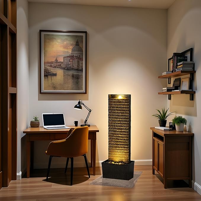 Indoor/Outdoor Water Fountain with LED Lights – Vintage Rock Design and Relaxing Waterfall Feature for Home, Garden, or Office (Straight Slate Stone)