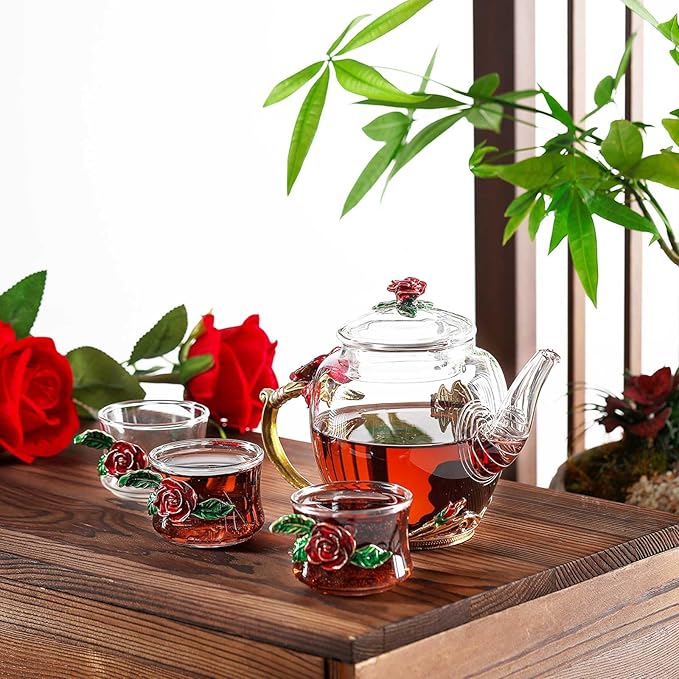 7 Pcs Floral Glass Tea Set Women Christmas Teapot Set for Adults Glass Tea Gift for Mom Party Mother's Day Birthday, Fancy Pot Cups with Gift Box(Red) - Bloomnest