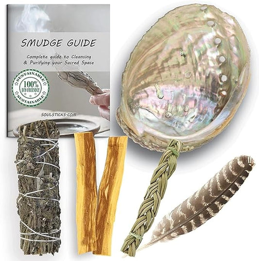 Ancient VEDA Organic Smudge Kit – Lavender, Palo Santo, Sweetgrass, Abalone Shell, Feather & Smudge Guide | Home Smudging Kit for Energy Cleansing, Meditation, Healing (Healer's Kit, Lavender Sage) AncientVeda