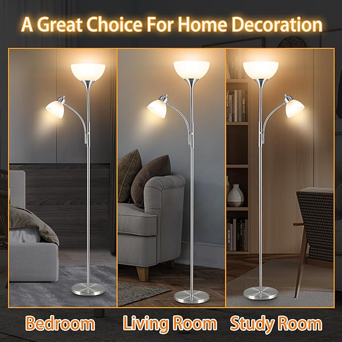 Floor Lamp, Dimmable Standing lamp, Stepless Dimming Brightness, Included 9W and 5W LED Bulbs, Industrial Floor Lamp for Living Room, Bedroom, Office, Reading - Bloomnest