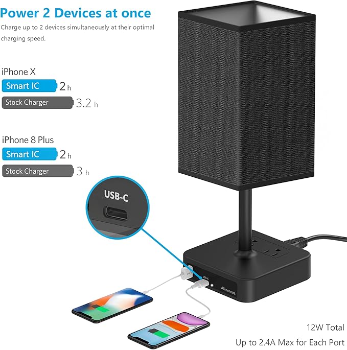Bedside Table Lamp with Touch Control & USB C+A Charging Ports LED Desk Lamp with 2 AC Outlets, Minimalist Nightstand Light with Black Fabric Shade for Bedroom, Living Room, Office, Black - Bloomnest