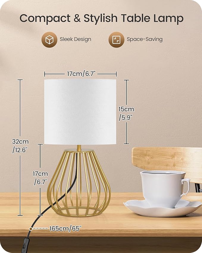 Gold Table Lamp Set of 2, Small Bedside Lamp with Gold Metal Base & White Linen Lampshade, Modern Nightstand Lamp, Little Cute Desk Lamp for Bedroom, 2700K LED Bulb Included DCW06TLP205 - Bloomnest