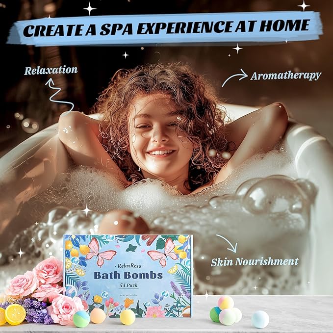 54 Pack Handmade Bath Bombs – 11 Vibrant Colors & 9 Unique Scents, Long-Lasting Fizzy Bubbles & Colorful Magic, 7-Minute Dissolve for Relaxation, Perfect for Birthdays & Summer Self-Care - Bloomnest