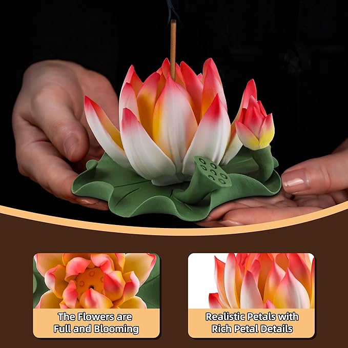 Lotus Incense Burner - Incense Burner Holder for Home Incense Holder Decor Incense Holder for Sticks Yoga, SPA (Z2-Red Yellow) - Bloomnest