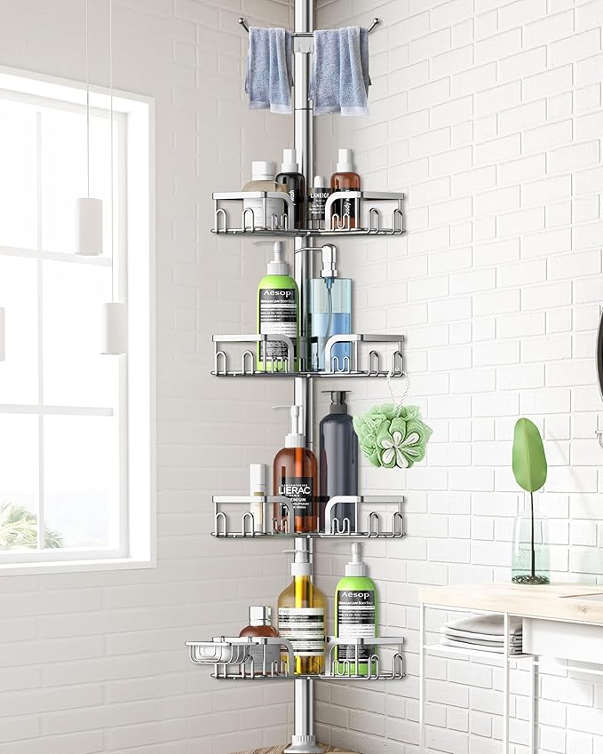 Corner Shower Caddy Tension Pole 4 Tier Adjustable Stainless Steel Shower Shelf for Inside Shower Bathtub Shampoo,Standing Bathroom Organizer Shelves with 39 to 113 inch Height - Bloomnest