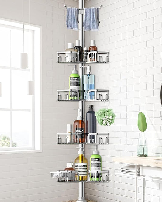 Corner Shower Caddy Tension Pole 4 Tier Adjustable Stainless Steel Shower Shelf for Inside Shower Bathtub Shampoo,Standing Bathroom Organizer Shelves with 39 to 113 inch Height - Bloomnest