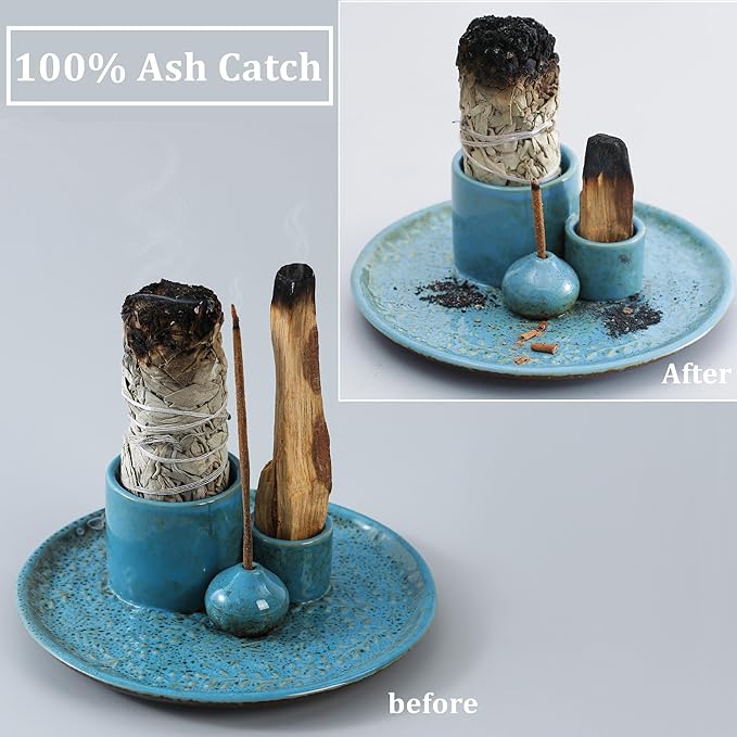 5 in 1 Incense Holder Burner, 5.9" Ceramic Holder for Burning Palo Santo Sage Candle and Incense Sticks Cones, Ash Catcher Tray for Meditation Room Home Décor(Blue) - Bloomnest