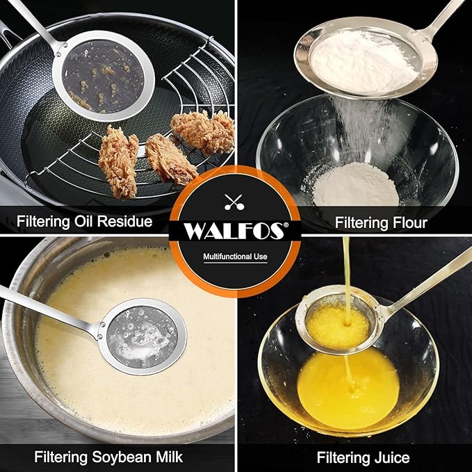 Walfos Fine Mesh Strainer and Fat Skimmer Spoon Set, Multipurpose Metal Strainers for Kitchen, Rice, Quinoa, Food, 304 Stainless Steel Fat Skimmer For Cooking, Fat, Grease, Floating Foam, 5 Pack - Bloomnest