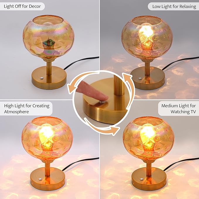 Touch Control Hammered Glass Table Lamp Brass Gold Portable Dimmable Brightness Small Nightstand Light 3-Way Stepless Dimming Bedside Bedroom Living Room (Colorful Amber Glass & Gold) - Bloomnest