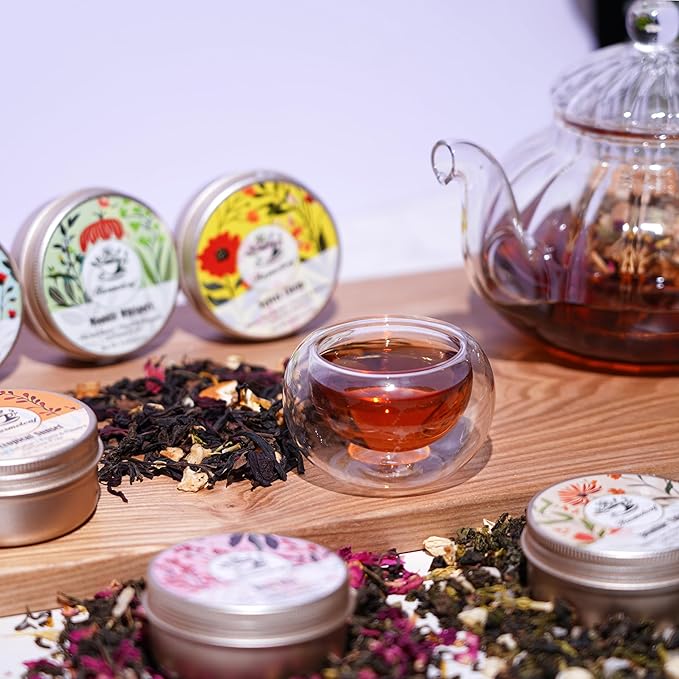 Harmoleaf Tea Gift Set for Women - 6 Herbal Loose Leaf Tea Blends, Insulated Ceramic Cup with Infuser & Lid | Birthday, Mother's Day, Anniversary & Retirement Gift for Her - Bloomnest