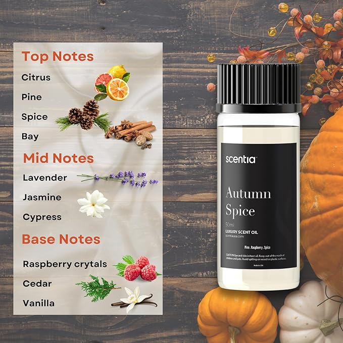 Scentia Autumn Spice Essential Oil – 50ml Fall Blend with Pumpkin Spice Notes | Diffuser Oil for Home, Halloween & Thanksgiving Décor | Aromatherapy, Candle & Soap Making Scentia