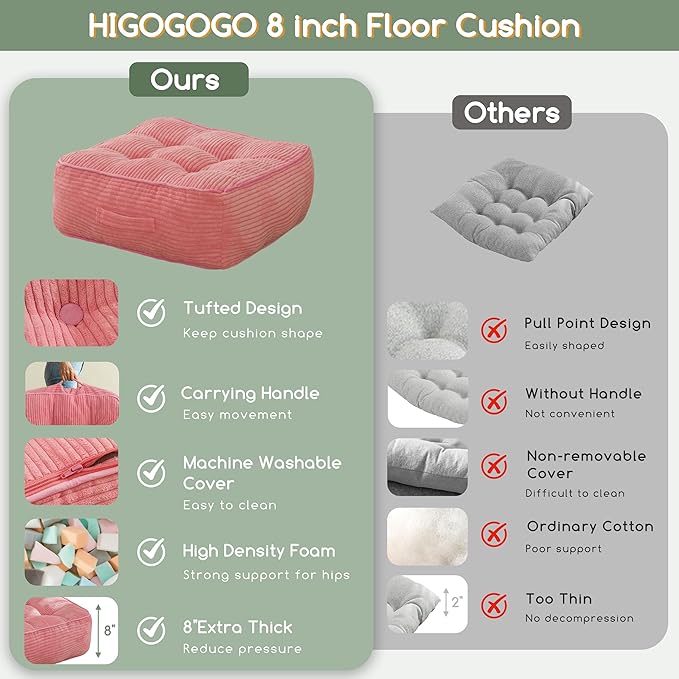 8" Washable Floor Pillow Cushion for Adults, Meditation Cushion Pillow, Large Square Floor Sitting, Removable Tufted Corduroy Cover, for Tatami Living Room or Yoga, 22x22 Inch, Machine Washable - Bloomnest