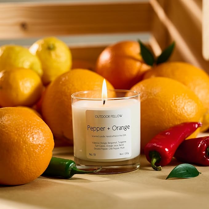 Outdoor Fellow Pepper + Orange Candle, 8oz, Coconut & Apricot Wax Blend, Bergamot, Neroli, Chili Pepper, 40+ Hour Burn Time, Citrus Scented Candle, Vibrant Home Fragrance - Bloomnest