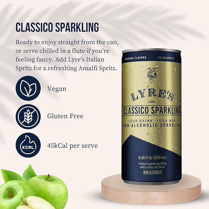 Lyre’s Classico 4-Pack, Non Alcoholic Sparkling Wine, Zero Proof Prosecco Alternative, Alcohol Free Drinks, Canned Mocktails, Ready to Drink, 45 Calories per Serve (8.45 Fl Oz x 4) LyresSpiritCo