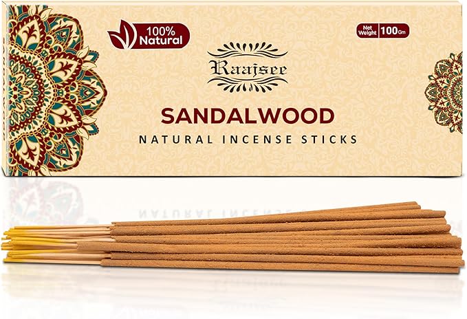 Raajsee Sandalwood Incense Sticks 100 Gm Pack-100% Pure Organic Natural Hand Rolled Free from Chemicals-for Church,Aroma Therapy,Relaxation,Meditation & Sensual Therapy RAAJSEE