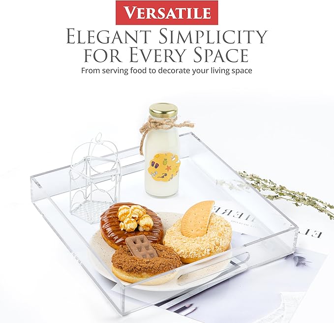 Acrylic Tray 12x12 with Cut Handles - Spill Proof Decorative Tray is an Ideal Countertop Organizer for Living Rooms, Ottoman Coffee Tables, Offices, Kitchens & Serving Guests - Bloomnest