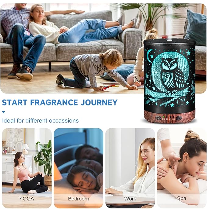 Essential Oil Diffuser 120ML Metal Aromatherapy Diffuser with Timer, Cool Mist Humidifier with Auto Shut-Off & 7 Color Lights for Home Office Spa (Owl) - Bloomnest