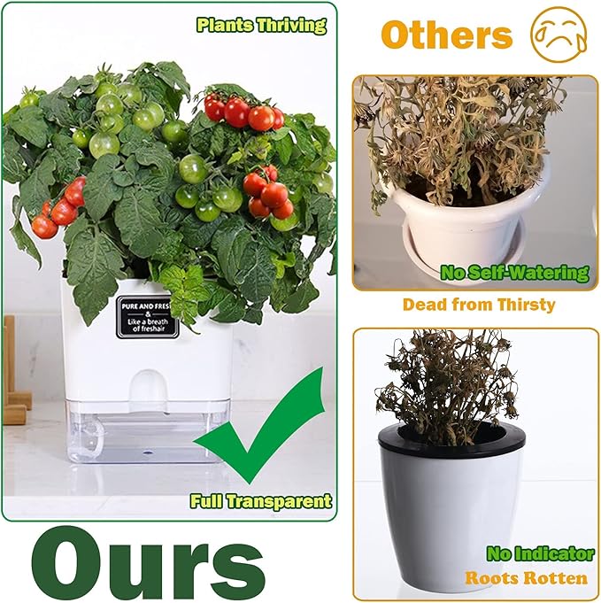 Planterhoma Self Watering Plant Pots for Indoor Plants 7 inch, 4 Packs Rectangle Self-Watering Planters with Drainage Hole, White African Violet Pots for Devil's Ivy, Spider Plant, Orchid, Herb - Bloomnest