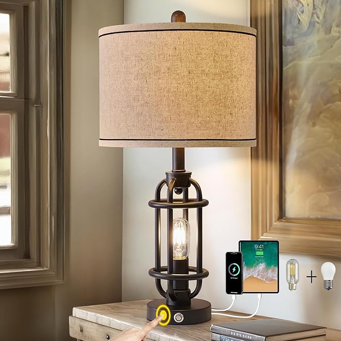 23.75'' Industrial Black Metal Table Lamps Living Room Lamp for Nightstand Bedroom lamp Single Bedside End Side Table Lamps Home Decor Touch Lamp Modern Lamps with USB Ports, Bulbs Included - Bloomnest