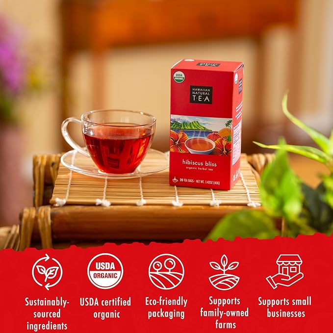 Hawaiian Natural Tea - Organic Hibiscus Bliss Herbal Tea, Caffeine-Free Hibiscus, All-Natural and Antioxidant-Rich Wellness Tea, Vegan and Keto-Friendly, 20 Bags - Bloomnest