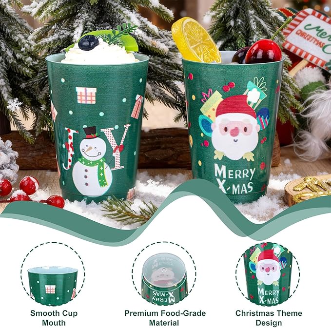 I00000 50Pcs 12oz Snowman Pattern Design Christmas Plastic Cups, Premium Disposable Cups, Green Xmas Party Cup with Santa Claus Pattern Design, Perfect for Christmas Party - Bloomnest