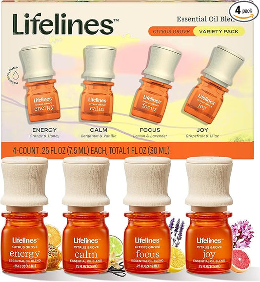 Lifelines Essential Oil Blends, 4-Pack - Blended Essential Oils with Precision Pump for Aromatherapy Diffusers - Long-Lasting Scented Fragrance - Citrus Grove (Joy, Calm, Focus & Energy) - Bloomnest