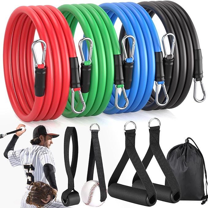 TOBWOLF 4PCS Baseball Exercise Bands with Interchangeable Grips, Baseball Resistance Trainer for Pitching & Throwing, Training Aid for Baseball Softball Pitchers to Build Arm Strength, Warm-Up - Bloomnest