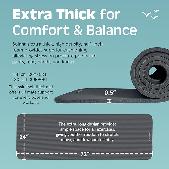 Retrospec Solana Yoga Mat 1/2" Thick w/Nylon Strap for Men & Women - Non Slip Exercise Mat for Yoga, Pilates, Stretching, Floor & Fitness Workouts - Bloomnest