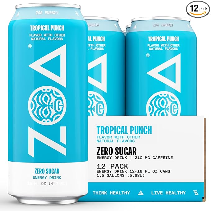 ZOA Zero Sugar Energy Drinks, Tropical Punch - Sugar Free with Electrolytes, Healthy Vitamin C, Amino Acids, Essential B-Vitamins, and Caffeine from Green Tea - 16 Fl Oz (12-Pack) - Bloomnest