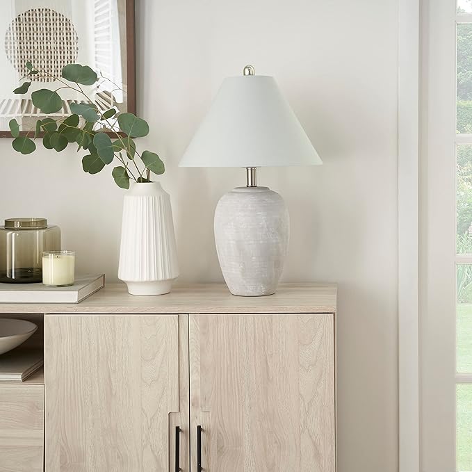 Nourison Home 23" Grey Vintage Distressed Ceramic Pot Table Lamp for Bedroom, Living Room, End Table, with Grey Conical Empire Shade - Bloomnest