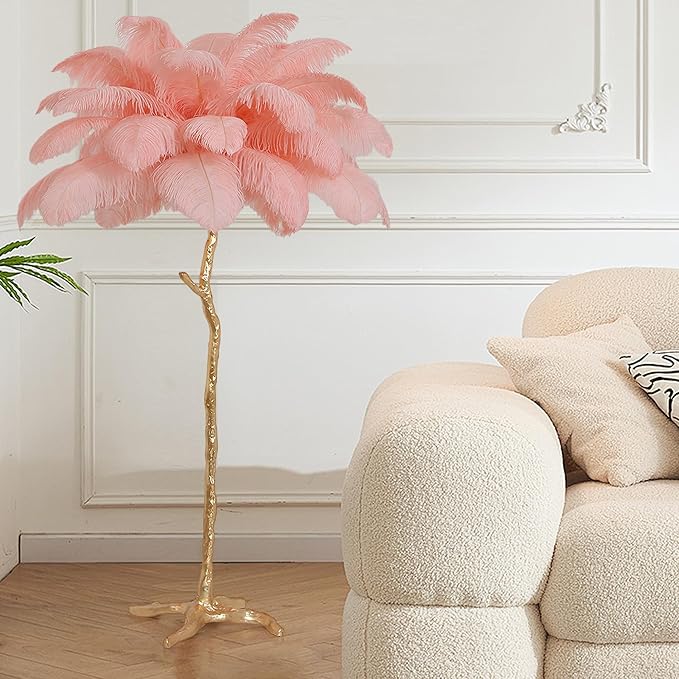 MAYOLA Luxury Resin Ostrich Feather Lamp, 35 Pieces Real Ostrich Feathers,Floor Light for Living Room, Bedroom and Office 67” Tall Feather Lamp(Pink, Floor Lamp) - Bloomnest