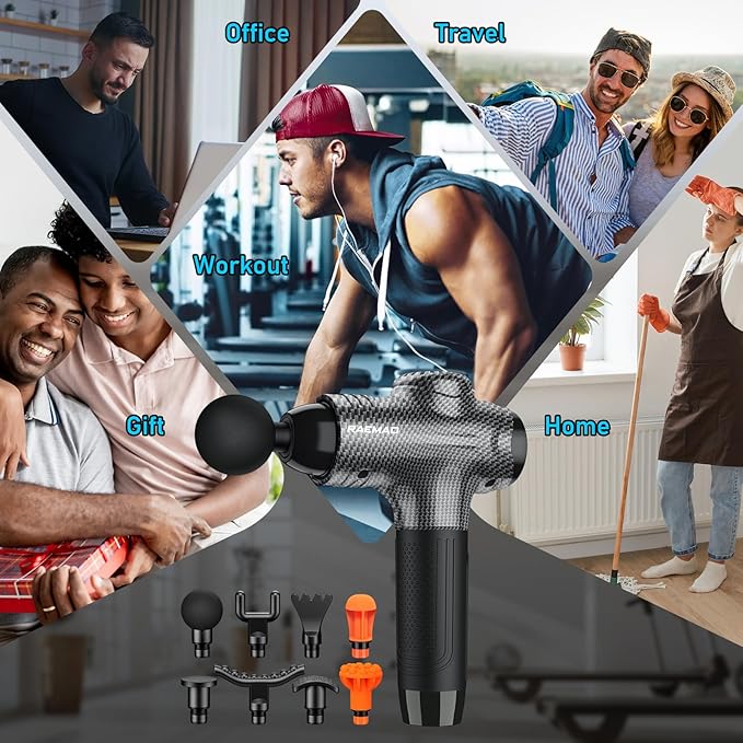 RAEMAO Massage Gun, Handheld Electric Deep Tissue Muscle Massager for Athletes for Pain Relief Attaching 8 Replacement Heads, Percussion Massager with 10 Speeds, Father's Day Gifts, Carbon - Bloomnest