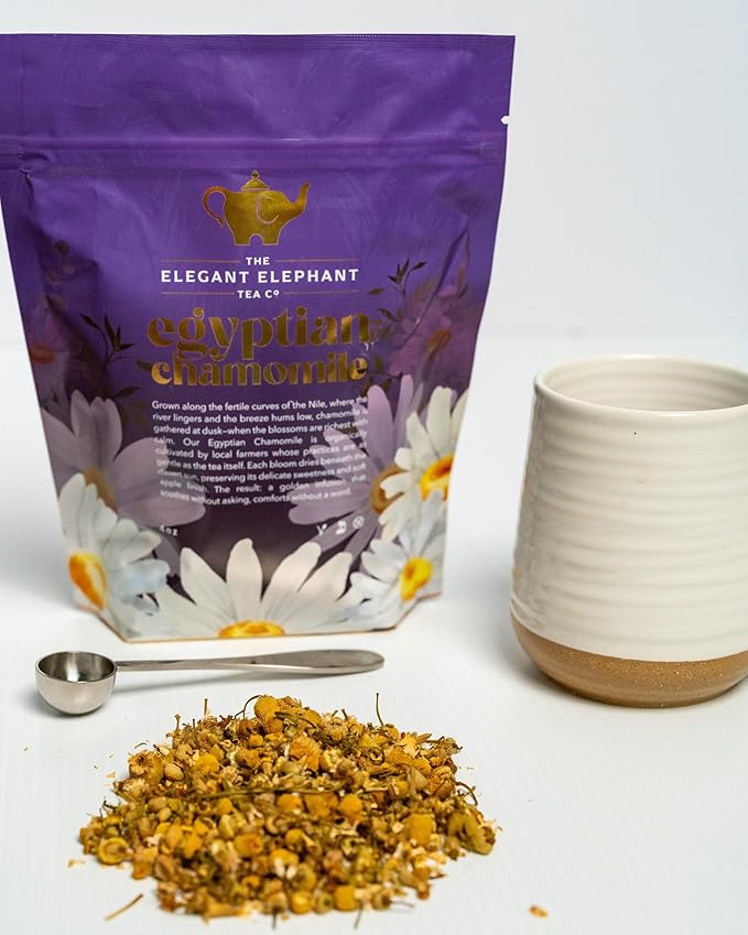 Egyptian Chamomile Tea, Organic Loose Leaf Herbal Tea – Cozy, Calming – Supports Stress Relief, Relaxation & Sleep – 4 oz Resealable Bag (Makes 50 Cups) – The Elegant Elephant - Bloomnest
