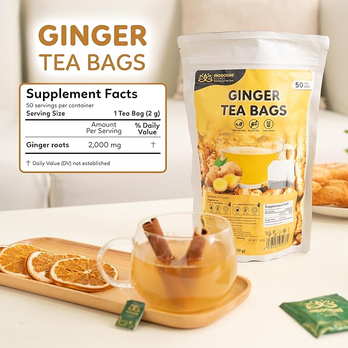 Indochine Blends Ginger Tea Bags | 100% Pure Ginger Root | Sugar-Free, Caffeine-Free Herbal Tea | Double Chamber, Individually Wrapped Bags| Rich in Natural Goodness and Flavor | 3.5 oz | 50 Tea Bags - Bloomnest