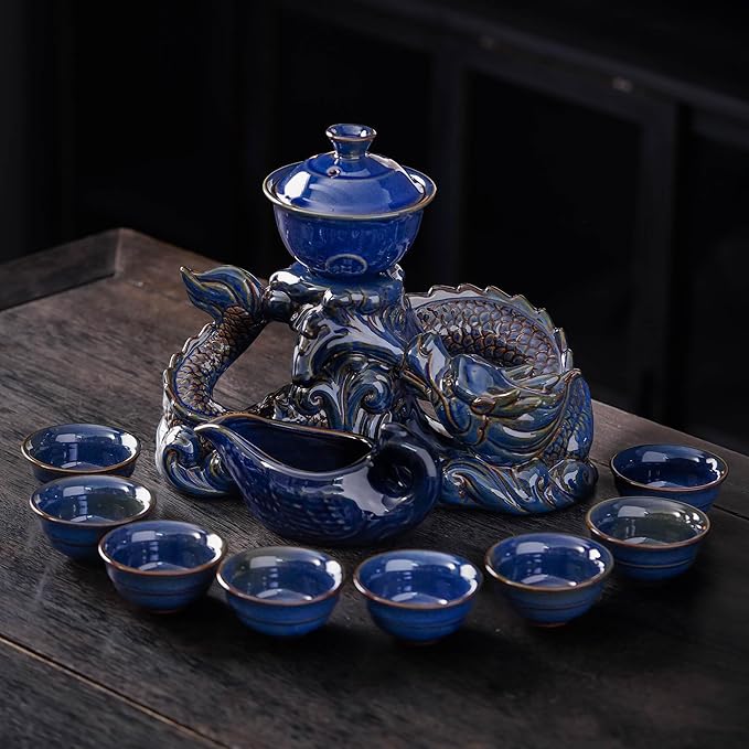 Semi Automatic Tea Set Ceramic Teapot with Infuser Magic Teapot with 8 cups (Dark Blue Dragon-D) - Bloomnest