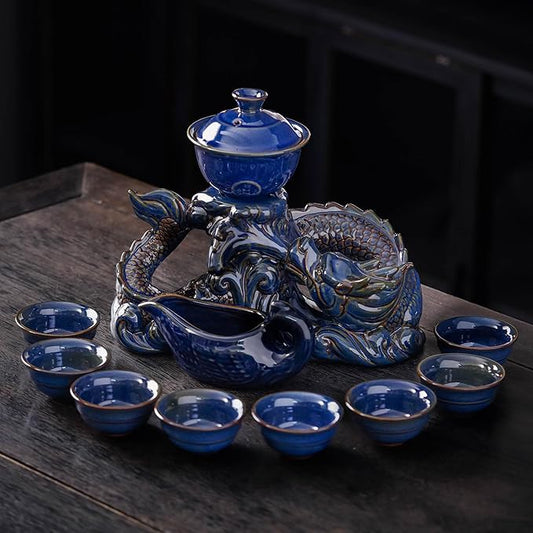 Semi Automatic Tea Set Ceramic Teapot with Infuser Magic Teapot with 8 cups (Dark Blue Dragon-D) - Bloomnest