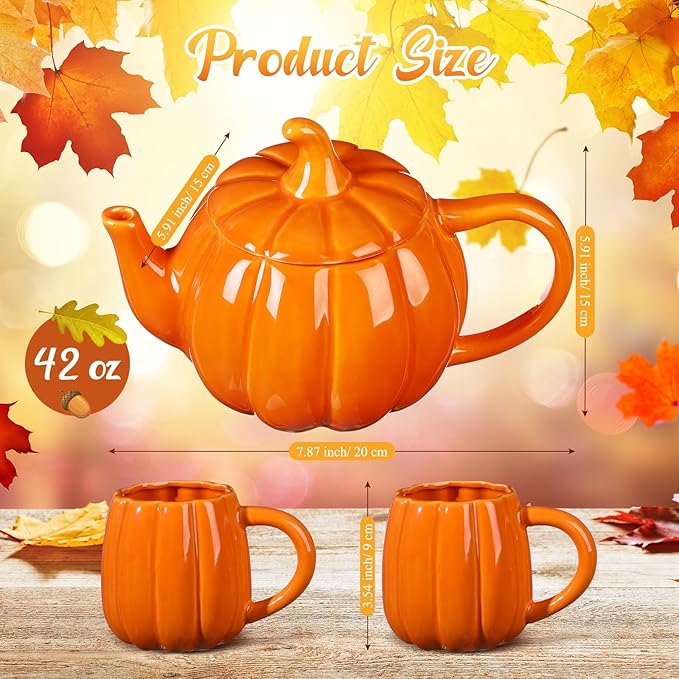 Mimorou Thanksgiving Pumpkin Tea Set Ceramic Teapot with 2 Mugs and Tea Mug Orange Ceramic Pumpkin Shaped Teapot Set for Thanksgiving Halloween Christmas Birthday Gift - Bloomnest