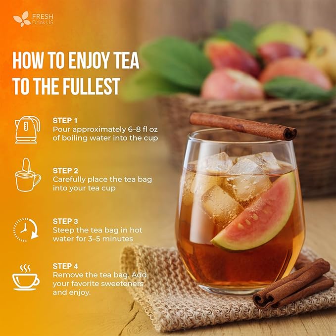 FreshDrinkUS, Premium Guava Vitality Tea | 75 Tea Bags | Guava Leaves, Cinnamon Stick & Ginger Herbal Tea – Caffeine Free Botanical Infusion – Warm & Aromatic Daily Tea – 100% Natural Ingredients - Bloomnest