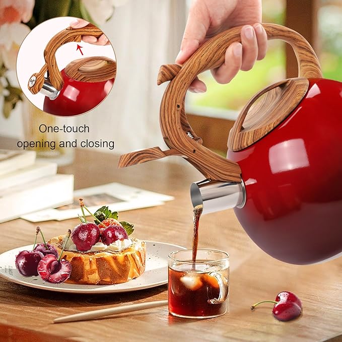 GGC Tea Kettle for Stove Top, 3.1QT/3L Whistling Tea Kettles for Boiling Water Coffee or Milk, Gradient Red Pot with Wood Parttern Handle, Stainless Steel Kettle Pot for Home and Kitchen - Bloomnest