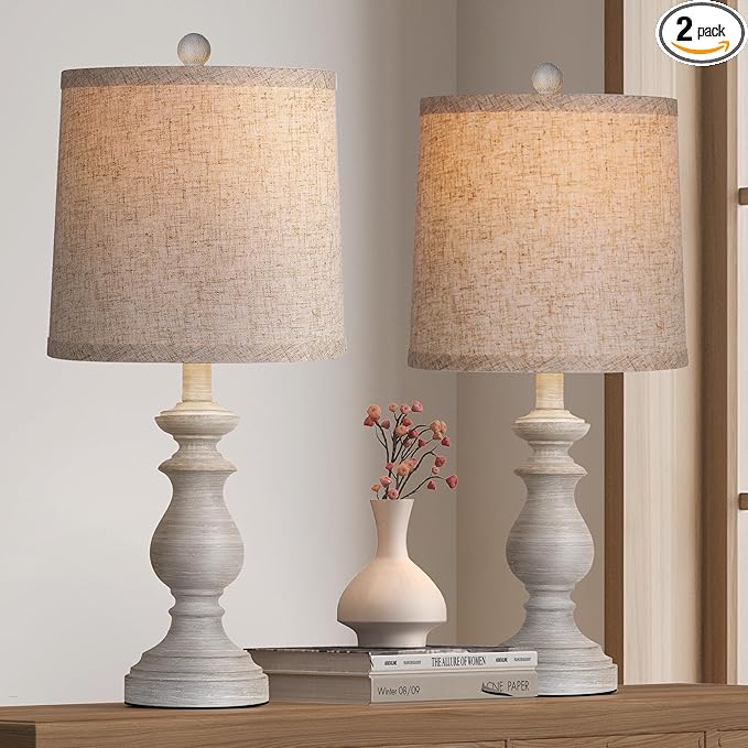 PARTPHONER Traditional Table Lamp Set of 2, Rustic Farmhouse Table Lamps for Living Room Bedroom, 22" Bedside Desk Lamps Vintage Nightstand Lamps with Linen Shades, Antique Grey - Bloomnest