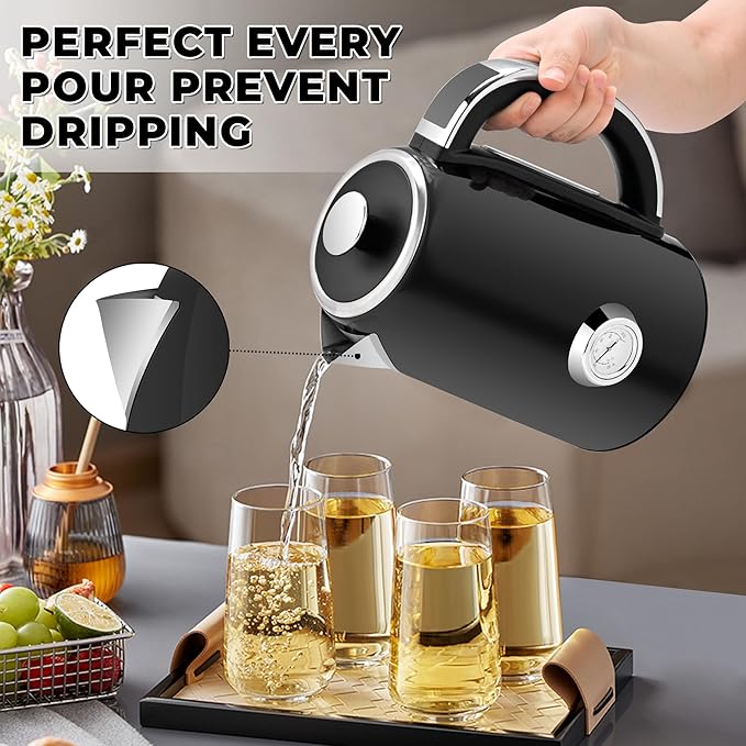 SUSTEAS Electric Kettle Temperature Control - 57oz Hot Water Boiler with Thermometer, 1500W Fast Heating Stainless Steel Tea Kettles, Cordless LED Indicator, Auto Shut-Off & Boil Dry Protection,Black - Bloomnest