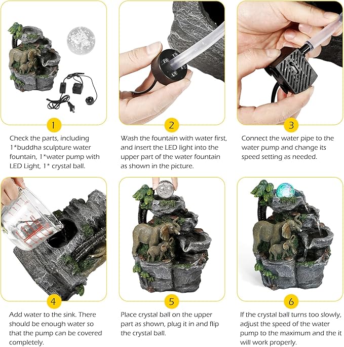 Dyna-Living Elephant Water Fountain Indoor Desktop Fountain Waterfall with Colorful LED Light Tabletop Water Fountain for Desk Office Relaxing Inside Water Feature