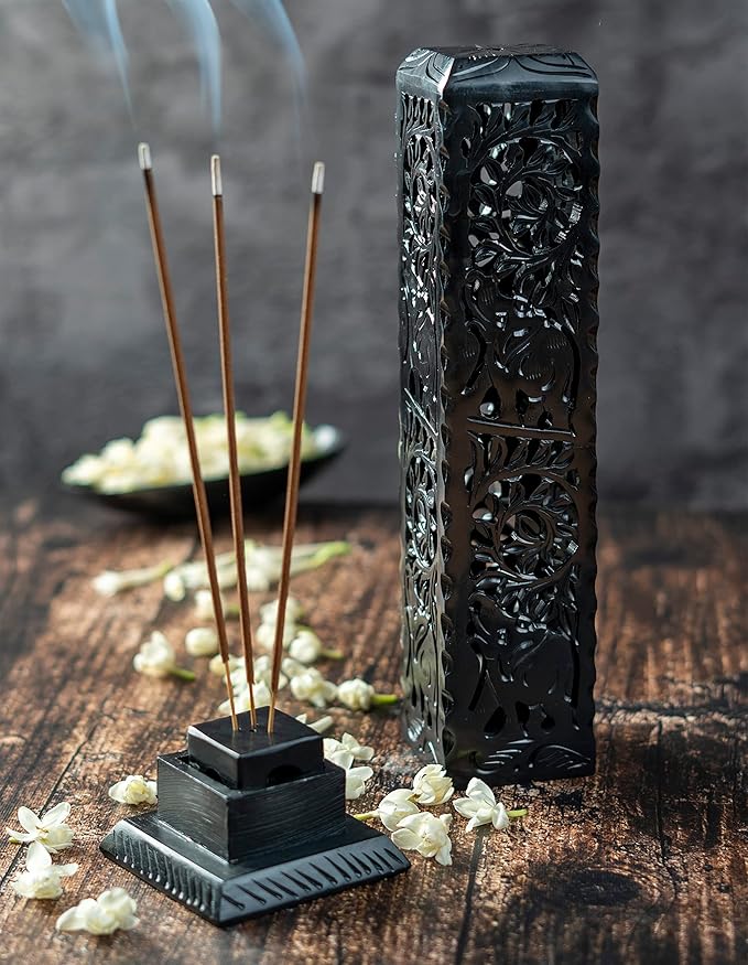 Crocon Black Marble Soapstone Incense Stick Burner Square Shape Leaf & Half Wheel Carving Tower Burner | Tea Light Candle Holder | Decorative Home & Kitchen Size - LxWxH 3X3X11 Inch