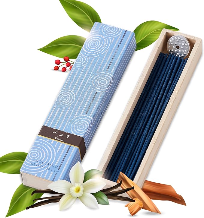 Hasegawa Hyakurakuko Premium Japanese Sandalwood Incense - Long Type, 40 Sticks with Aluminum Holder, 20-30 Min Burn Time, Made in Japan 線香 百楽香 (Vanilla) %E3%81%AF%E3%81%9B%E3%81%8C%E3%82%8F%EF%BC%88Hasegawa%EF%BC%89