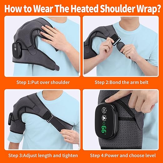Cordless Heated Shoulder Brace Wrap, Heating Pad with Massage, 3 Heat & Vibration, 5000mAh Battery Powered, Shoulder Massager for Men Women - Bloomnest