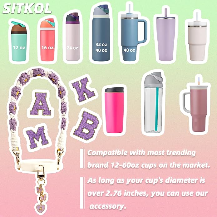 Compatible with Owala Water Bottle Accessories, Cute Letter Charm Set with Boho Handle Strap, Monogram Sticker, Silicone Ring, Keychain Decoration, for FreeSip 24 32 40oz, Owala Kids, Tumbler Gift SITKOL