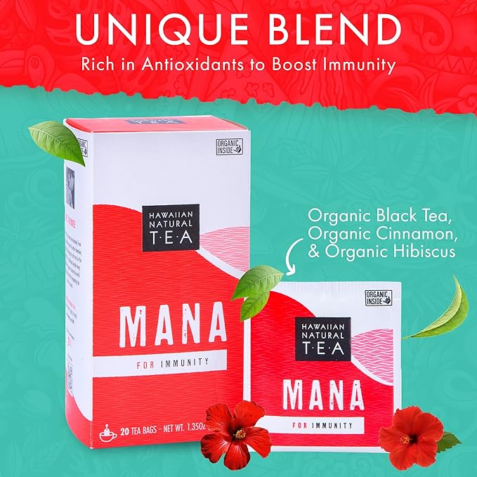 Mana Hibiscus Herbal Black Tea - All Natural Wellness Tea, Refreshing, Uplifting and Energizing with Cinnamon & Mint - Supports Immune Health 20 Bags - Bloomnest