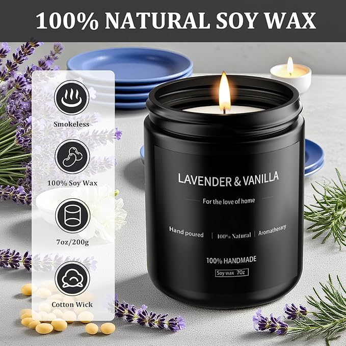 Lavender & Vanilla Candle 7oz, Scented Candles for Men, Long Lasting Soy Candles for Home Scented, Black Mens Candle Gift for Birthday, Annivery, Christmas - Bloomnest